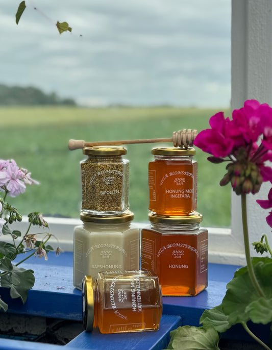 Sommarens honungspaket – 5 burkar + honungspinne & fri frakt!