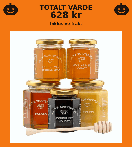 Höstens honungspaket – 5 burkar honung + honungspinne (säsongsprodukt)