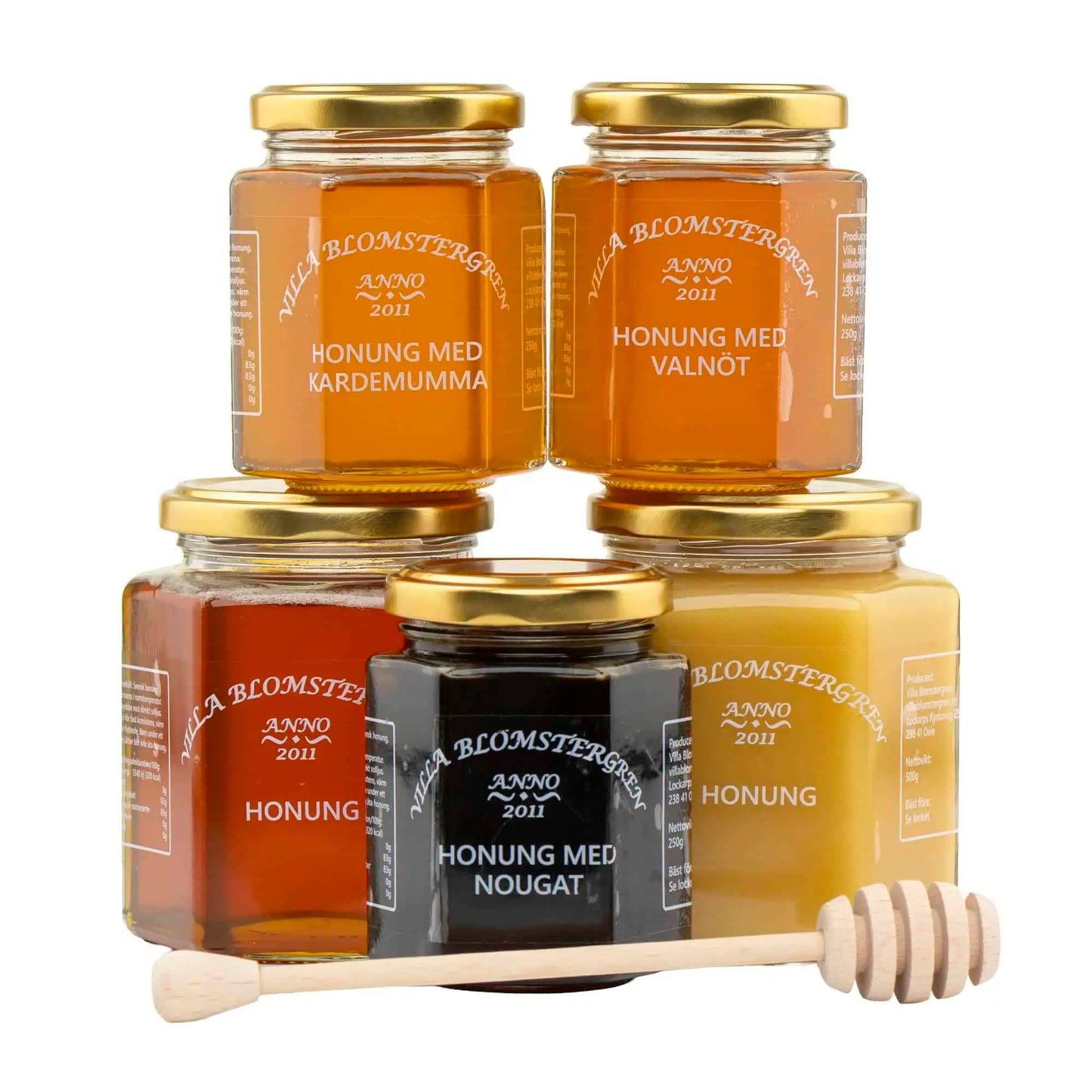Höstens honungspaket – 5 burkar honung + honungspinne (säsongsprodukt)