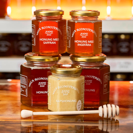Vinterns honungspaket – 5 burkar honung + honungsspinne (Fri frakt)